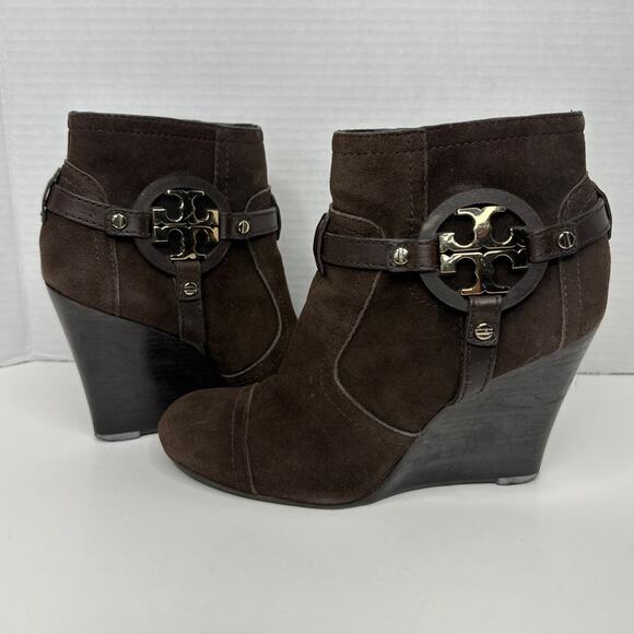 Tory Burch - Brown Suede "Aaden" Wedge Ankle Booties W/ Logo size 5.5 - Picture 4 of 11
